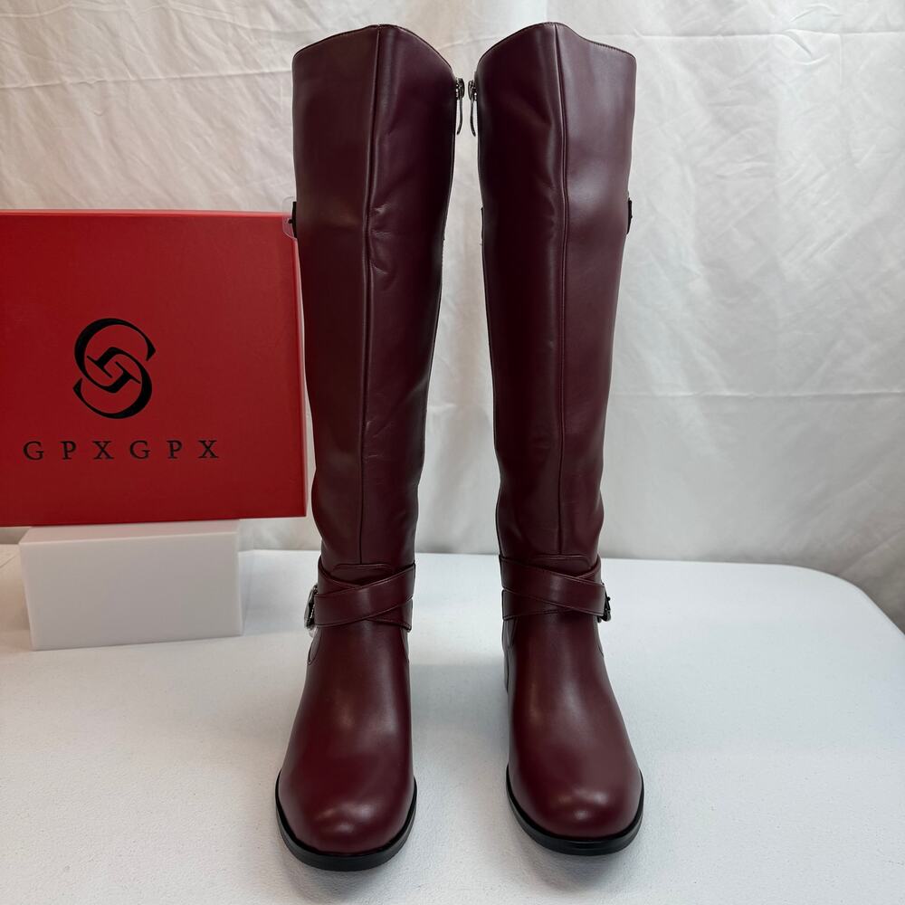 GPXGPX Women's Burgundy Knee High Boots Buckle Round Toe Low Heel Size 7 - Picture 3 of 9